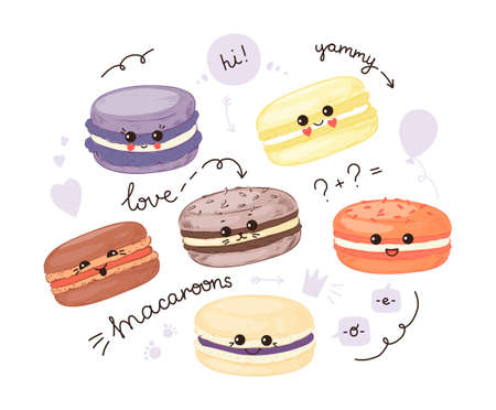 Kawaii macaron. Hand drawn cute French dessert with funny faces. Colorful macaroon bakery sketch. Yummy sweets of almond flour. Cartoon biscuit characters. Vector funny meringue foodのイラスト素材