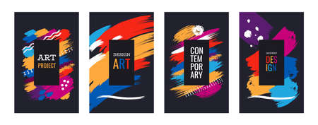 Brush abstract posters. Paint stains and blobs frames with text. Music and art graphic banner. Bright brushstrokes and minimalistic lines or dots. Vector contemporary brochures setのイラスト素材