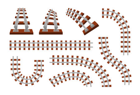 Train rails. Top view of railroad for cargo locomotives, subway and tram. Transport route travel symbol. Turns and straight railway parts. Vector metal railings and wooden sleepers setのイラスト素材