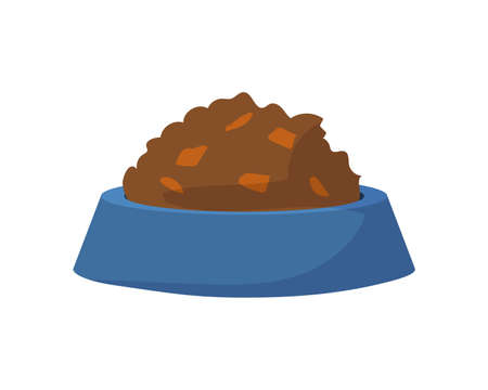 Cartoon pet feeder with food. Full plate for feeding domestic animals. Round feed dish. Cats and dogs accessory. Vector veterinary suppliesのイラスト素材