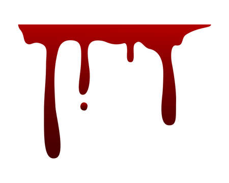 Liquid drip of blood. Red paint dripping splash. Isolated bloody border with flowing drops or trickles. Halloween decoration. Fluid ink smear. Spilled ketchup. Vector creepy bleed elementのイラスト素材