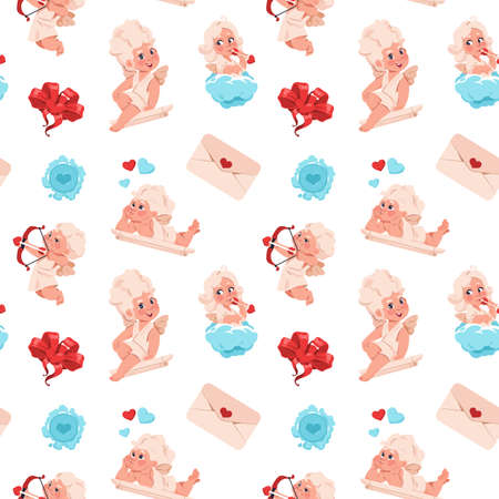 Cupid pattern. Seamless textures with Valentine angels. Cartoon children with bows and arrows. Cherubs on clouds. Romantic letters and wax stamps. Vector love and romance celebration symbolのイラスト素材