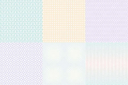 Guilloche background. Seamless line holographic watermark pattern. Diploma and voucher graphic protection. Banknote or certificate prints. Security swirly ornaments. Vector textures setのイラスト素材