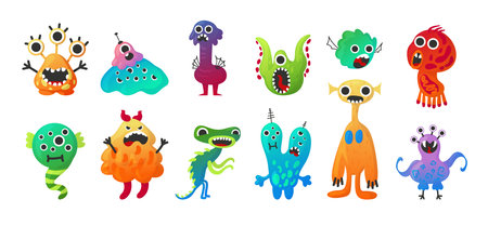 Alien monster. Cartoon baby space creature characters. Friendly beast mascot. Scary mutants collection. Colorful gremlins and goblins with eyes. Comic demons. Vector virus pathogens setのイラスト素材
