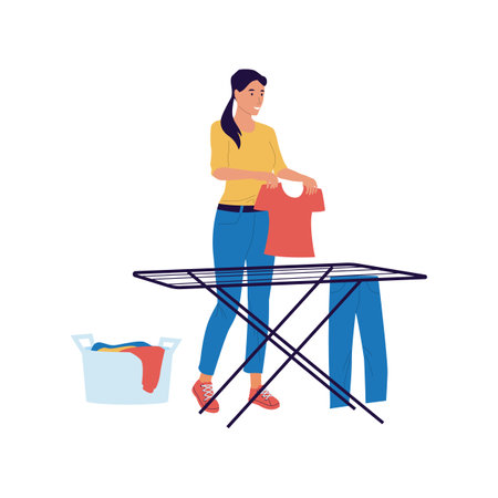 Woman lays things out on dryer. Housekeeper dries laundry on clothesline. Young female character hangs t-shirt and pants on rope. Household collapsible equipment. Vector chores conceptのイラスト素材