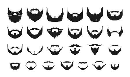 Beard silhouette. Different types of black mens face hair with or without moustache and whisker. Portrait facial elements graphic for haircut and barbershop. Vector isolated hairstyles setのイラスト素材