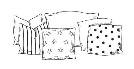 Hand drawn pillows. Doodle bedding. Feather cushions. Cozy sofa or bed textile accessories sketch. Interior comfortable soft decorations for bedroom and living room. Vector illustrationのイラスト素材