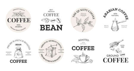 Coffee icon. Vintage premium arabica label with hand-drawn beans sack and mug for cafe and coffeeshop. Espresso menu emblem with text. Spoon and roasted seeds mill. Vector stickers setのイラスト素材