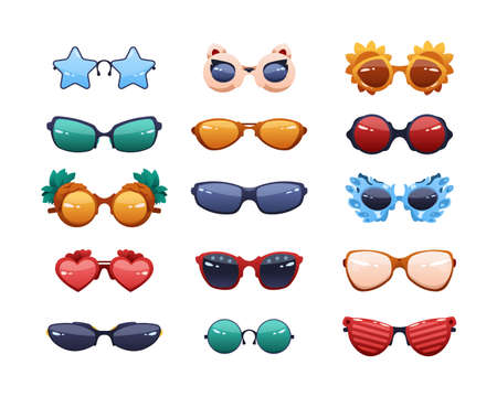 Party glasses. Cartoon funny fashion sunglasses with reflections. Round colorful summer spectacles. Different shapes eyewear. Plastic rims and sun protection lens. Vector accessories setのイラスト素材