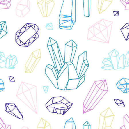 Treasure stones pattern. Seamless print with diamond and crystals gemstones. Faceted gems. Natural minerals. Precious ruby and amethyst. Line rhinestone. Luxury jewels. Vector textureのイラスト素材