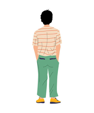 Man with hands in pockets. View from behind on teenager standing in relaxing position. Isolated walking or waiting character. Caucasian guy in casual clothing. Vector thinking personのイラスト素材
