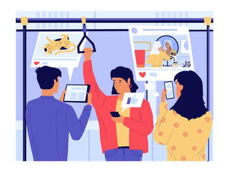 Phone addiction. Young cartoon people using gadgets and mobile phones, bad habit with cellphone. Vector social network and online entertainment addictionのイラスト素材