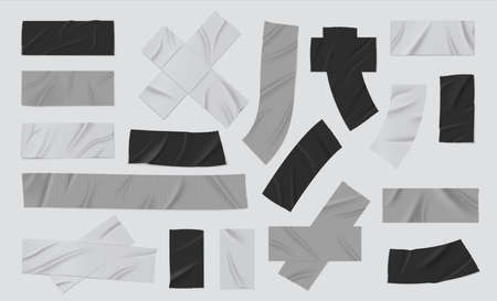 Duct tape. Realistic black and grey adhesive bandage, sticky isolated strip piece, torn duct tape. Vector isolated setのイラスト素材