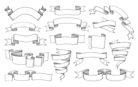 Vintage banner. Scroll ribbon sketch. Retro antique decorative element for books and stickers. Hand drawn ancient empty labels. Waving classic flag placards. Vector engraving tapes setのイラスト素材