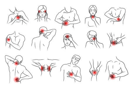 Body pain icon. Human muscle neck back joint and elbow chronic ache. Painful symptoms of disease. Inflammation and injury points. Medical infographic. Vector anatomy sketch isolated setのイラスト素材