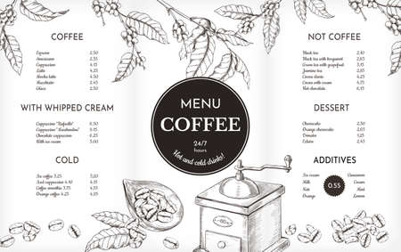 Hand drawn coffee menu. Coffeeshop cafe and restaurant caffeine drinks menu with sketch of roasted beans, espresso cup and sack. Plant branches. Vector cafeteria vintage graphic layoutのイラスト素材