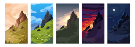 Day time landscape. Nature scene with dawn afternoon sunset and night sky. Evening or morning mountain scenery. Scenic view with rocks and skyline. Highlands panorama. Vector poster setのイラスト素材