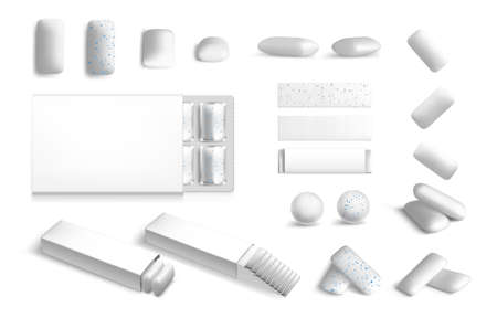 Realistic chewing gum. White 3D bubblegum mockup with blank blister. Chewy pills and teeth whitening plates. Oral hygiene dragee balls. Vector breath refreshing candies packaging setのイラスト素材