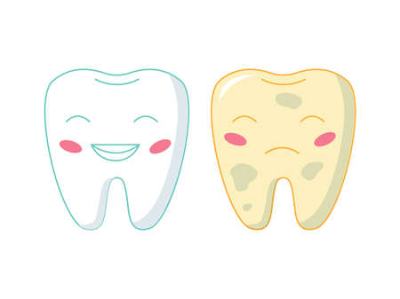 White and yellow tooth. Cartoon teeth characters before and after whitening. Happy healthy and sad bad molars with funny faces. Oral care. Dentistry and hygiene. Vector illustrationのイラスト素材