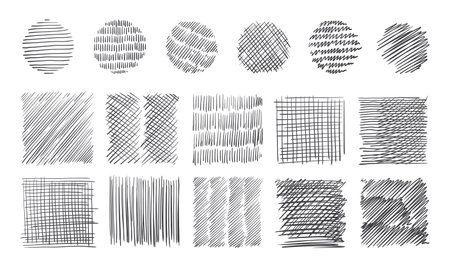 Pencil stroke pattern. Pen doodle scrawl. Hand drawn sketch texture with pen lines. Cross or parallel hatch. Black and white backgrounds. Vector square and round hatching shapes setのイラスト素材
