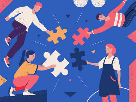Teamwork puzzle concept. People arranging abstract figures. Communication metaphor. Men and women...