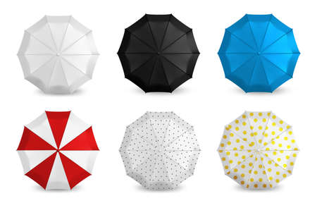 Top view umbrella. Realistic pool and beach sun shade mockup. Opened waterproof canopy. Blank classic parasols. Automatic tent. Vector rain or sunlight protection 3D accessories setのイラスト素材