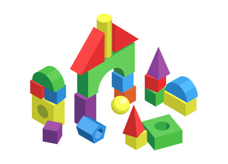 Toy castle. Cartoon colorful geometric shapes constructor for childrens play. Kindergarten games. Arch from plastic bricks and blocks. Cubes, cones and spheres. Vector illustrationのイラスト素材