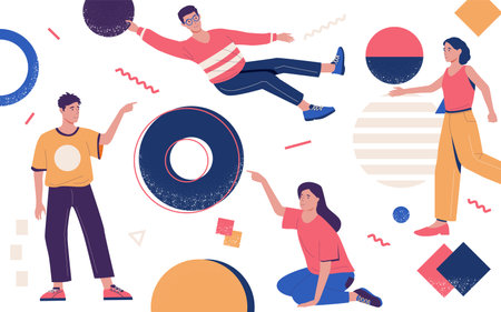 Abstract background with people and shapes. People organizing geometric figure. Circles and squares. Men and women working together. Brainstorm organization. Vector teamwork conceptのイラスト素材