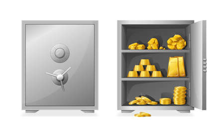 Safe with gold. Cartoon hidden golden bars. Open or closed strongbox. Money storage. Metal ingot and nugget heaps. Steel box with password lock. Wealth protection. Vector illustrationのイラスト素材
