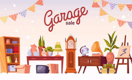 Holiday market. Bazaar sale banner with old furniture. Second Hand shop. Weekend store for used merchandise. Selling bookcase or clock. Antique boutique. Vector garage trade frame posterのイラスト素材