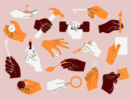 Hands with objects. Doodle minimalistic arms with stationery supplies and smart devices. Human body. Graphic collection. Dumbbell in fist. Holding cutlery. Vector palms set with itemsのイラスト素材