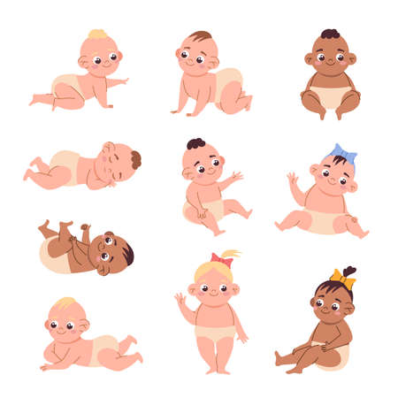 Cute baby. Cartoon newborn boys and girls in diapers. Toddlers sleeping or playing. Happy infants with faces and hairs. Human age. Children sitting and crawling. Vector kids poses setのイラスト素材