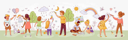 Cute childs. Cartoon funny babies playing with pencil and brush. Little children draw. Art class in school and kindergarten. Boys and girls on playground. Vector picture with kidsのイラスト素材