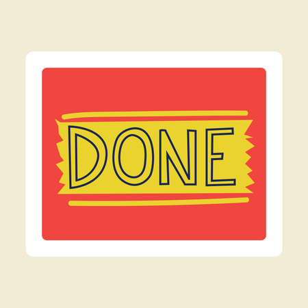 Planner sticker. Cartoon mark for kids notebook. Journal or diary label. Tasks done. Goal or schedule planning sign. Agenda and reminder doodle element. Vector trendy organizer badgeのイラスト素材