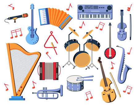 Music background. Orchestra instruments set. Guitar and saxophone. Piano for hobby and education. Musical notes. Microphone or synthesizer. Jazz band equipment. Vector illustrationのイラスト素材