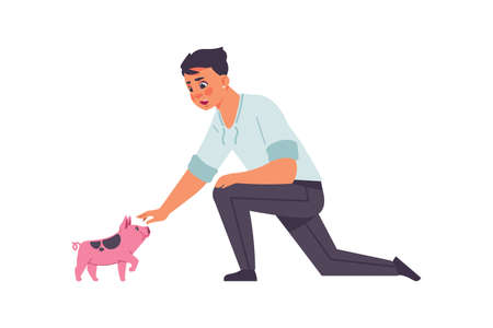 Adopted pets. People taking domestic animals from vet clinics and dog shelter. Man petting mini pig. Person playing with pink home mammal. Young male caring of piggy. Vector piglet ownerのイラスト素材