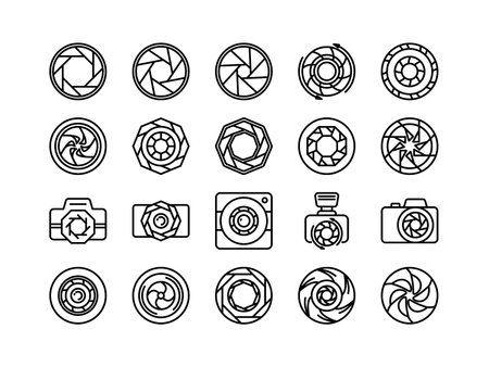 Shutter camera icons. Photo and photography objects like film, diaphragm, snap optics with different position of petals, outline shot silhouette and zoom focus. Abstract line vector symbolsのイラスト素材