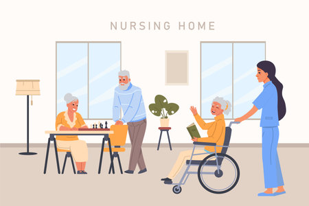 Senior people. Nursing home. Elderly characters play chess or read books. Pensioner support. Medical help and leisure. Retired persons and nurses. Vector professional care to granniesのイラスト素材