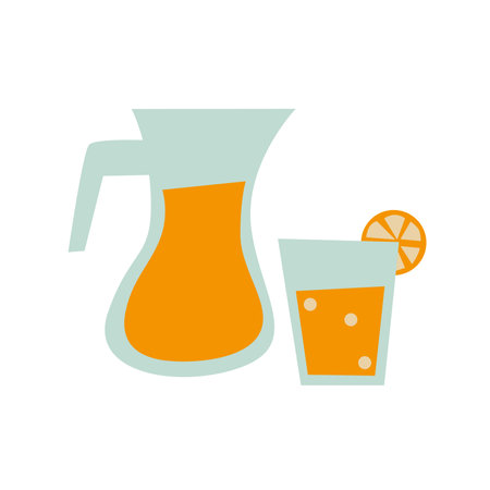 Vegans and organic food. Cartoon vegetarian natural eco drink. Healthy lifestyle. Orange juice glass and jug. Diet nutrition. Citrus fresh. Smoothie cup. Vector fruit beverage pitcherのイラスト素材