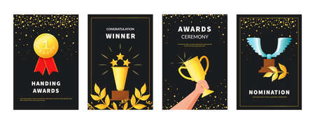 Champion award poster. Gold trophy championship illustration collection. Award win objects on black background with copy space, vector victory cup, first place symbol, vertical banner setのイラスト素材