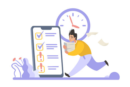 Planning schedule scene. Time management concept. Goals organizing. Tasks priority and daytime routine. Smartphone to do list. Harrying man with papers stack. Vector mobile plannerのイラスト素材