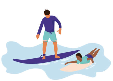 People at beach. Cartoon characters doing summer activities. Men surfing and swimming in ocean water. Tourists with surfboards. Sunbathing guys in swimsuits. Vector outdoor vacationのイラスト素材