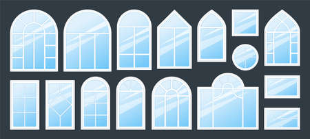 Glass window icons. Double modern hung and arch design with awning, single architecture exterior...