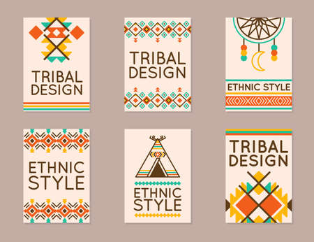 Native tribal posters. Brochure or presentation with ethnic patterns. Flyer or header banners with national print. Indian dream catcher and teepee. Vector indigenous style cards setのイラスト素材