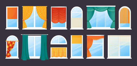 Blind window curtains. Home roller blade with shades and jalousie, venetian and roman treatment for house, various different drapery textile in interior, decor collection. Vector illustrationのイラスト素材