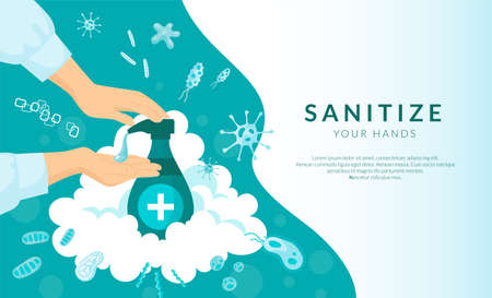 Sanitize hand gel. Antibacterial and disinfect soap, alcohol in bottle with pump, symbol of health care. Safety from bacteria and covid. Web banner template. Flat vector backgroundのイラスト素材