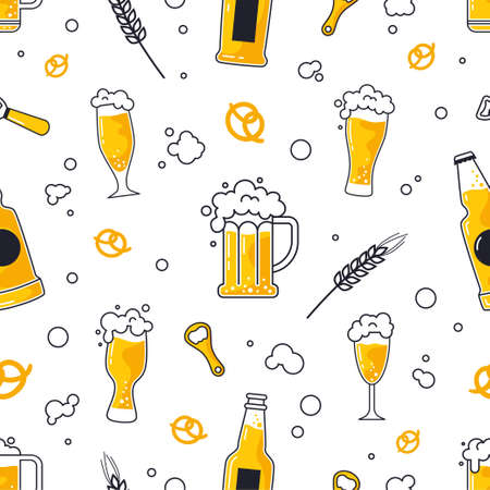 Beer pattern. Alcohol brewery. Bar menu. Mug of Octoberfest restaurant. Pub style drawing. Ale pints and crackers. Barley and wheat. Lager bottles. Foam drink. Vector seamless backgroundのイラスト素材