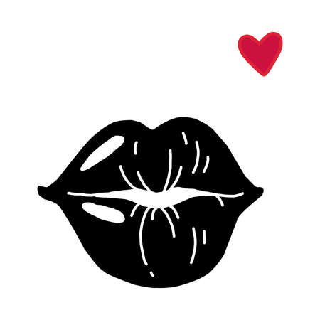 Contemporary female poster. Black silhouette lips and love symbol. Abstract minimalist woman shapes banner. Trendy girls doodle body face part. Kissing mouth. Vector sexy smile and heartのイラスト素材