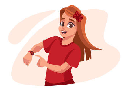 Child with watch. Kid looks to hand with wristwatch. Clock face. Time measurement. Punctual teenager showing timepiece on arm wrist. Vector cartoon person pointing with finger at dialのイラスト素材