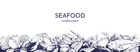 Sea food pattern. Fresh marine fish, and ocean products, lobster and salmon, cooked ingredients, restaurant menu background, sketch seafood, gourmet dinner. Vector seamless backgroundのイラスト素材